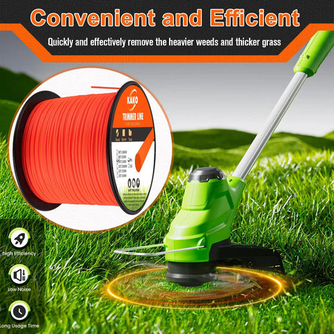 Green cordless trimmer with spool of Beefed Up Heavy Duty 0.095 Inch Trimmer Line 880 ft reel, suitable for grass trimming.