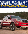 Red Toyota Tacoma with 6 3/4 inch bullet antenna mast beside hill, showcasing antenna’s perfect fit for 2005-2015 models.