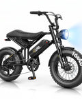 Spark D1 Fat Tire Electric Bike For Teens And Adults, 1500W Peak Motor, 48V 10.4Ah Battery, 16 Inch eBike With 20 Plus MPH Top Speed, Easy City Cruising And Trail Riding, Black side view with fat tires and headlight