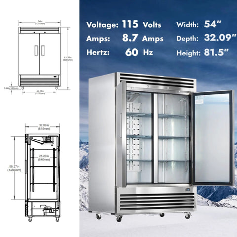 54 Inch Heavy Duty Commercial Freezer 49 Cubic Feet Reach In Upright Cooler with two solid doors and stainless steel interior.