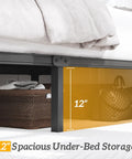 Modern Queen Bed Frame With Upholstered Diamond Tufted Headboard And Rock Solid Metal Slats For Dead Quiet Rest Spacious Under Bed Storage No Box Spring Needed Fast Clip Setup Black under bed storage showing 12-inch clearance with woven basket.