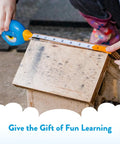 Kid Friendly 8 Foot Tape Measure with Blue Bird Design STEM Educational Tool on wooden birdhouse with child using it