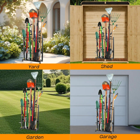 Heavy Duty Corner Garden Tool Rack Organizer For Garage And Shed Free Standing Yard Tool Holder With 31 Holes in use