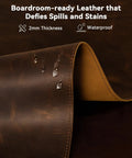 Leather Desk Mat 35.4 By 17 Inches Real Leather Desk Pad With Oil Wax Finish showing water resistance and 2mm thickness.