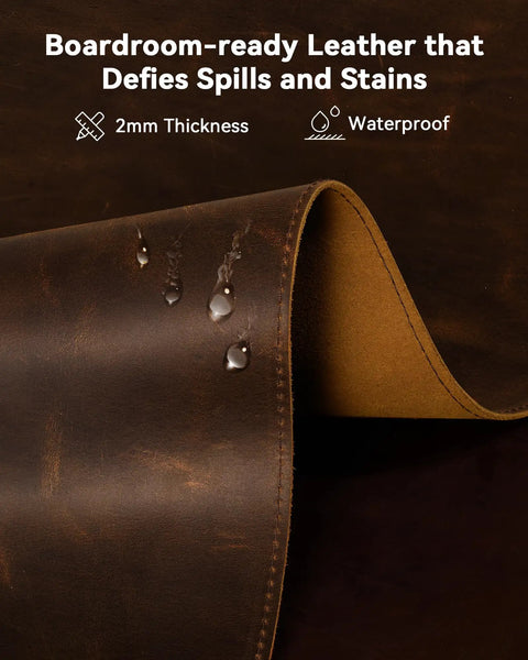 Leather Desk Mat 35.4 By 17 Inches Real Leather Desk Pad With Oil Wax Finish showing water resistance and 2mm thickness.