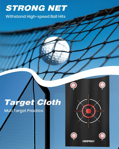 Heavy Duty Golf Practice Net 10x7ft For Indoor Outdoor Training With Ball Capture System And Carry Bag Portable Hitting Net Perfect For Backyard Driving Chipping And Swing Practice featuring strong net with target cloth for multi-target practice.