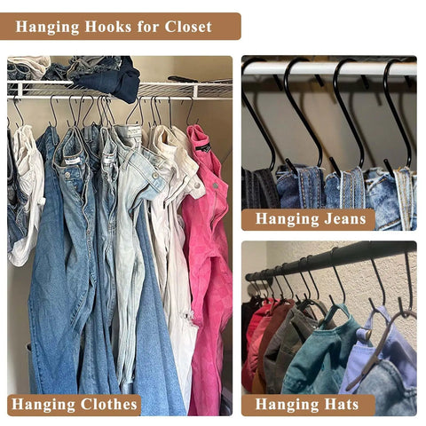 Heavy Duty 3.7 Inch S Hooks For Hanging Jeans Pans Pots Bags Towels And Plants Black Steel Fits Closet Rods Under 1 Inch Diameter Perfect Kitchen And Home Organization Space Saver displayed with clothes