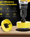 REKCKRUL 6-Piece hole saw kit installed on drill; yellow saws with mandrels, 32–54 mm
