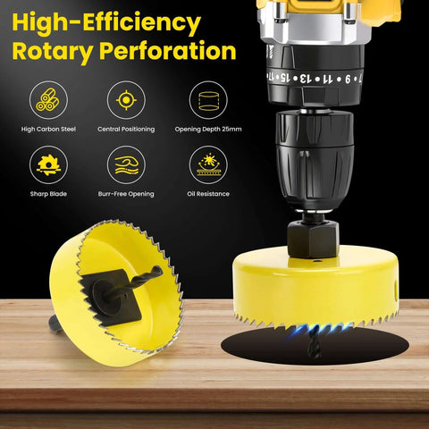 REKCKRUL 6-Piece hole saw kit installed on drill; yellow saws with mandrels, 32–54 mm