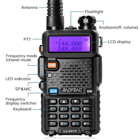 Front view of UV 5R 8W Dual Band Two Way Radio With Earpiece 1800mAh Battery Desktop Charger 128 Channel Ham Radio, showing controls.