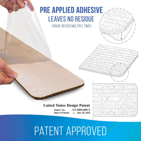 Demonstration of peel-and-stick feature on non slip stair treads for wooden steps 8x30 inch with patent details.