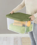Heavy Duty 2 Pack 40 Quart Clear Plastic Storage Bins Stackable Totes With Secure Snap Lids and Grip Carry Handles keeps towels organized.