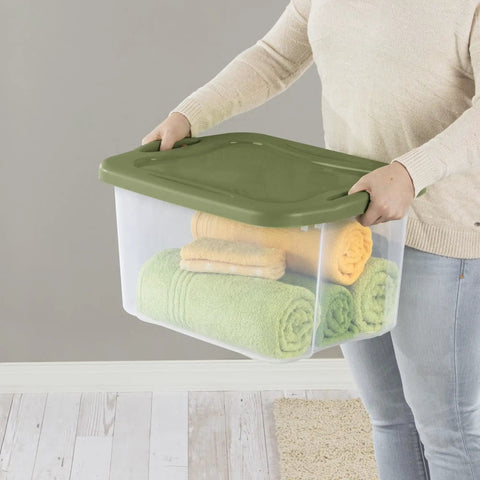 Heavy Duty 2 Pack 40 Quart Clear Plastic Storage Bins Stackable Totes With Secure Snap Lids and Grip Carry Handles keeps towels organized.