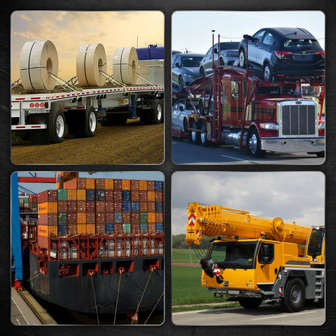 Beefy Heavy Duty Ratchet Chain Load Binder Set Nine Thousand Two Hundred Lbs Capacity securing various loads on trucks and ships.
