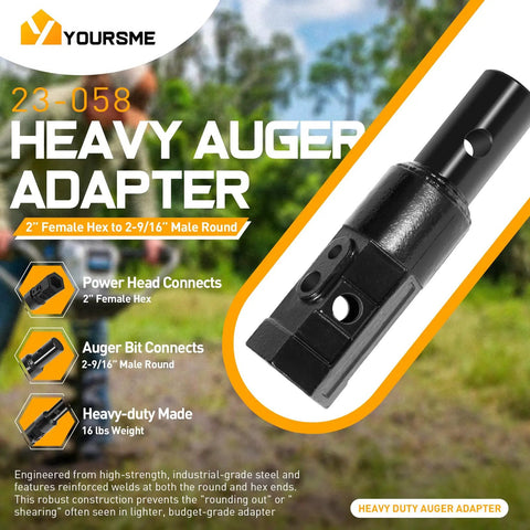 Built Tough Heavy Duty Auger Adapter Converts 2 Inch Female Hex To 2 Inch 9 16 Male Round Shaft, black steel, durable, outdoor use.