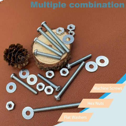 Top Notch Heavy Duty Eight Thirty Two Machine Screw Assortment Set With Zinc Plated Carbon Steel Bolts Nuts And Flat Washers For Garage Builds And Diy Repairs Built Like A Tank And Goes Together Quick, featuring screws, nuts, and washers.