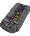 18 Pocket Tool Roll Bag With Rain Defender Pro Grade Heavy Duty Water Resistant 600 Denier Polyester For Tools And Gear Gray Roll Up Organizer Keeps Your Equipment Neatly Sorted, displayed open with tools in pockets.