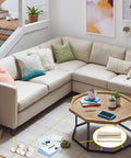 Living room with sectional sofa, coffee table, and 32 Pcs Self Stick Carpet Sliders Half Inch By 4 Inch Self Adhesive Furniture Moving Pads for Carpet Floors.