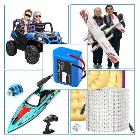 24V 2600mAh Lithium Battery Pack With Charger And Bare Leads in use with RC cars, drones, boats, LED strips, and kids' ride-on toys.