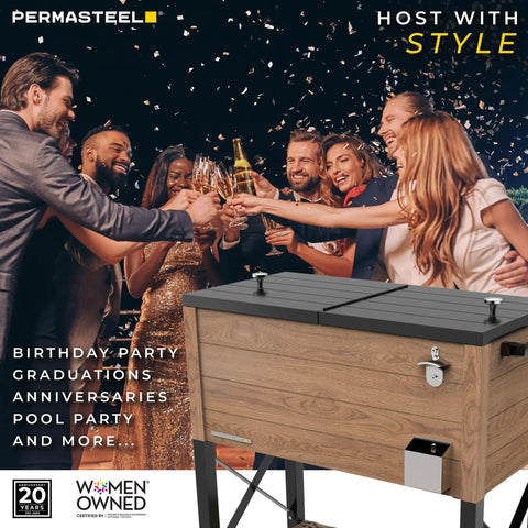 People celebrating at night with a wood grain brown 80-quart rolling party cooler with divider, holds 110 cans, wicker shelf, durable design for backyard parties.