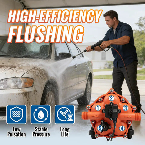 Man using Five Chamber 110V AC Fresh Water Diaphragm Pump With On Demand Pressure Switch to wash car