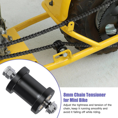 Mini bike chain tensioner, black metal, 8mm, shown installed on a yellow frame beside the drive chain.