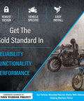 Motorcycles riding on rugged terrain with text promoting reliability, functionality, and performance, and Wounded Warrior Project logo.