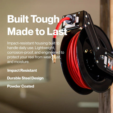Heavy Duty 3/8 Inch x 50 Ft Air Hose Reel with Industrial Steel Construction and Corrosion-Resistant Powder Coated Frame