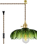 Chic Green Glass Swag Lamp With Inline Switch Plug In Pendant Fixture For Kitchen Island Bedroom Dining And Living Room Cozy Vintage Floral Hanging Decor, 10 inch shade with braided cable.