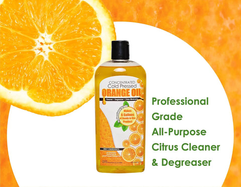 Orange Oil Concentrate All Purpose Cleaner Degreaser With Pet Odor Eliminator 12 Ounce bottle next to orange slice.