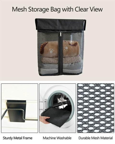 Mesh Slatwall Storage Baskets With Zipper Collapsible Hanging Organizer; black, durable mesh with toys displayed inside