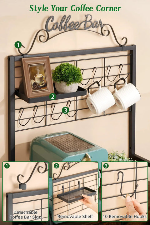 Rolling Coffee Bar Cart On Wheels For Small Spaces With 5-Tier Storage, syrup rack, tea pod drawer, featuring removable hooks.