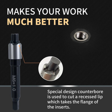 Front view of M6x1.0 thread repair kit with a 9.4mm stainless steel insert and installation driver, 10 pcs