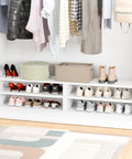Stackable 28 Inch Extra Wide Two Shelf Wooden Shoe Organizer Rack For Closets And Hallways That Fits Up To Nine Pairs White Finish