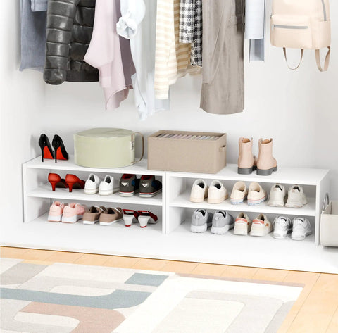Stackable 28 Inch Extra Wide Two Shelf Wooden Shoe Organizer Rack For Closets And Hallways That Fits Up To Nine Pairs White Finish