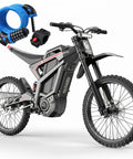 Adult Off Road Electric Dirt Bike Featuring A Badass 16800W Peak Motor And Massive 72V 50Ah Battery For Serious Torque Beast Mode Riding Along With Dual Shock Suspension And Grippy Wide Tires, displaying a side view with accessories.