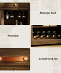 Next Level Extra Large Coffee Bar Cabinet With Fridge Space And Built In Power Outlet details of wine rack, glass holder, leather pull.