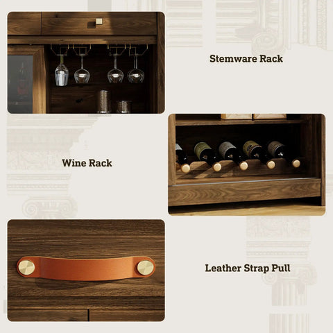 Next Level Extra Large Coffee Bar Cabinet With Fridge Space And Built In Power Outlet details of wine rack, glass holder, leather pull.