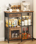 Your Go To Home Coffee Bar Cabinet With Drawers, farmhouse style, kitchen bar table, espresso finish, stocked with items.