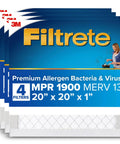Four-pack 20x20x1 pleated furnace air filter MERV 13 MPR 1900 for allergen reduction and germ guard, 3-month replacement
