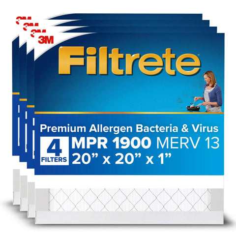Four-pack 20x20x1 pleated furnace air filter MERV 13 MPR 1900 for allergen reduction and germ guard, 3-month replacement