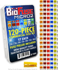 Auto Micro2 Fuse Kit 120 Piece With Fuse Puller 5A 7A 10A 15A 20A 25A 30A Color Coded 2 Blade Fuses Transparent Nylon Housings Box