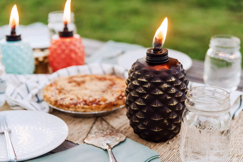 65 Inch Glass Pineapple Outdoor Torch With Copper Finish, Mosquito Repellent Torch For Yard And Garden, lighting table