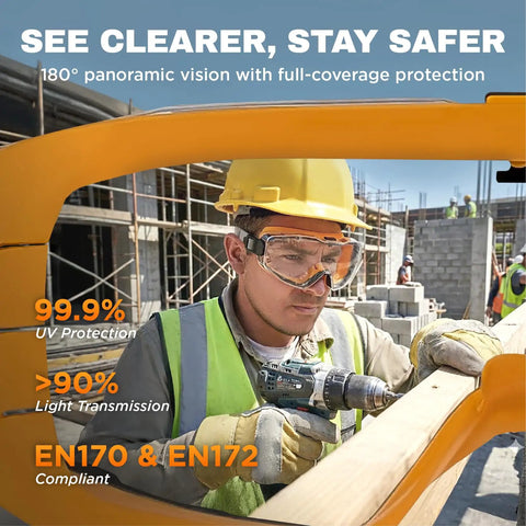 Construction worker wearing Over Glasses Safety Goggles With Anti Fog Clear Lenses For Lab Work ANSI Z87 1 UV protection