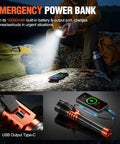 Rechargeable LED Flashlight 90,000LM Beast Bright With LCD Display, 5 Modes, Waterproof And 10000mAh Battery, charging phone on rock