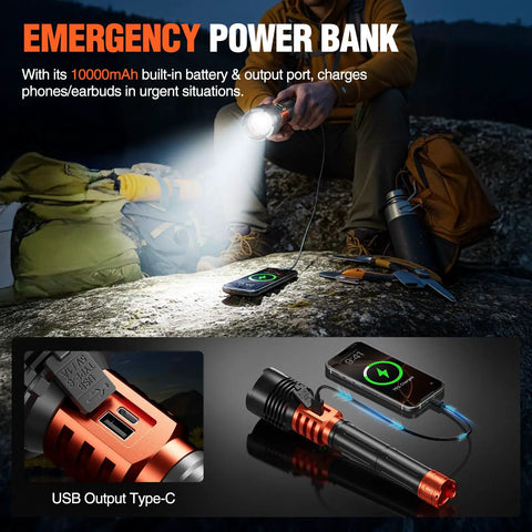 Rechargeable LED Flashlight 90,000LM Beast Bright With LCD Display, 5 Modes, Waterproof And 10000mAh Battery, charging phone on rock