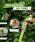 Lead-Free 1 And 1 Sixteenth Inch Fine Thread Female Self-Draining Vacuum Breaker Backflow Preventer Kit with washers sealing tape for garden spigots, shown installed on outdoor faucet amid greenery.