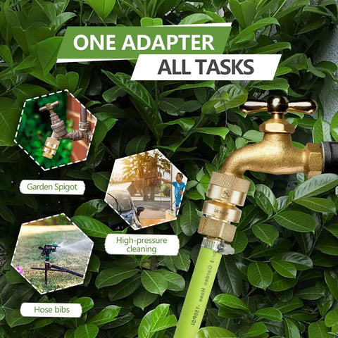 Lead-Free 1 And 1 Sixteenth Inch Fine Thread Female Self-Draining Vacuum Breaker Backflow Preventer Kit with washers sealing tape for garden spigots, shown installed on outdoor faucet amid greenery.