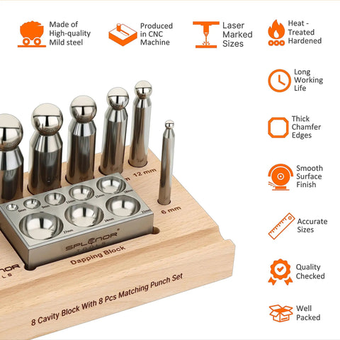 Heavy Duty Steel 8 Hole Dapping Block And 8 Matching Punch Set For Jewelry Making And Metal Shaping Includes Wooden Stand