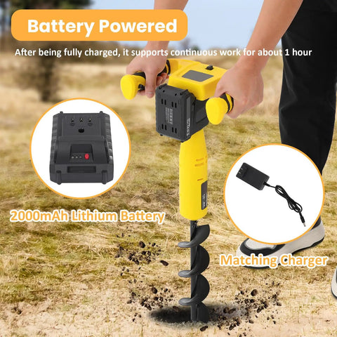 Cordless Electric Post Hole Digger With 11 By 3 Inch Auger Bit for Fence Posts, featuring battery and charger